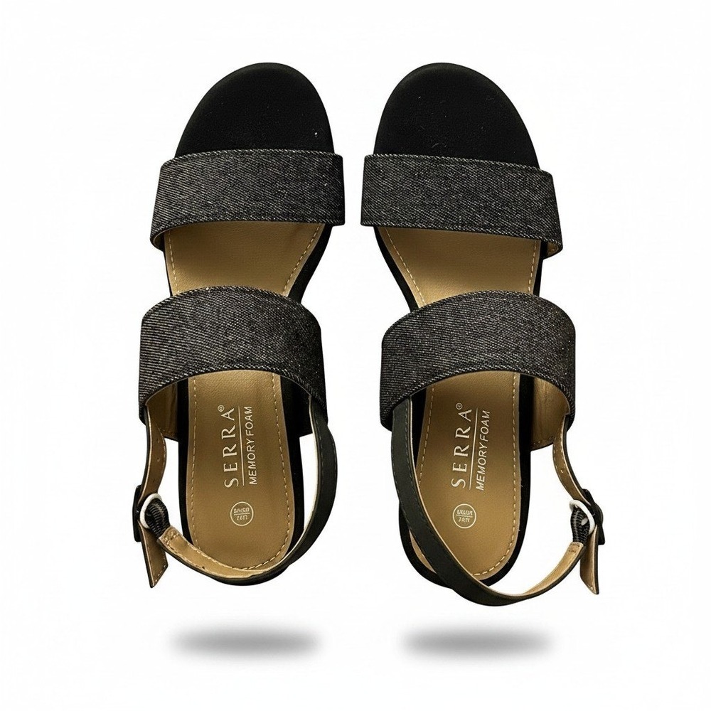 Serra Women Black Shimmer Denim Block Heel Sandals Memory Foam Ankle Strap SZ 7